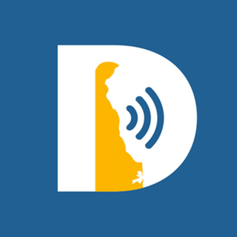 White letter D on blue background with a yellow silhouette of a state map and three curved sound waves inside the D.