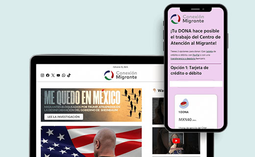 Website and mobile donation page for 'Conexión Migrante' with headline about supporting migrant assistance in Mexico.