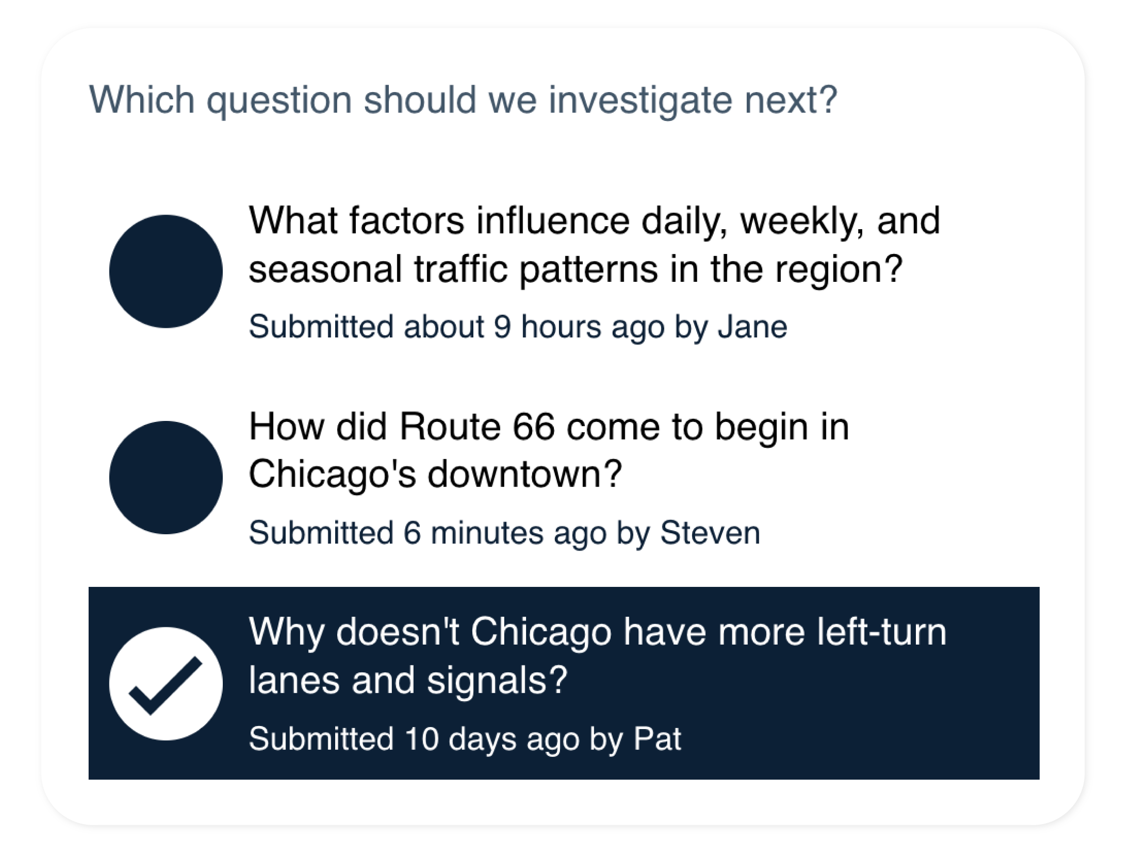 Indiegraf's engagement management system using a survey with question options about traffic and Route 66 in Chicago, with the question about left-turn lanes and signals selected.