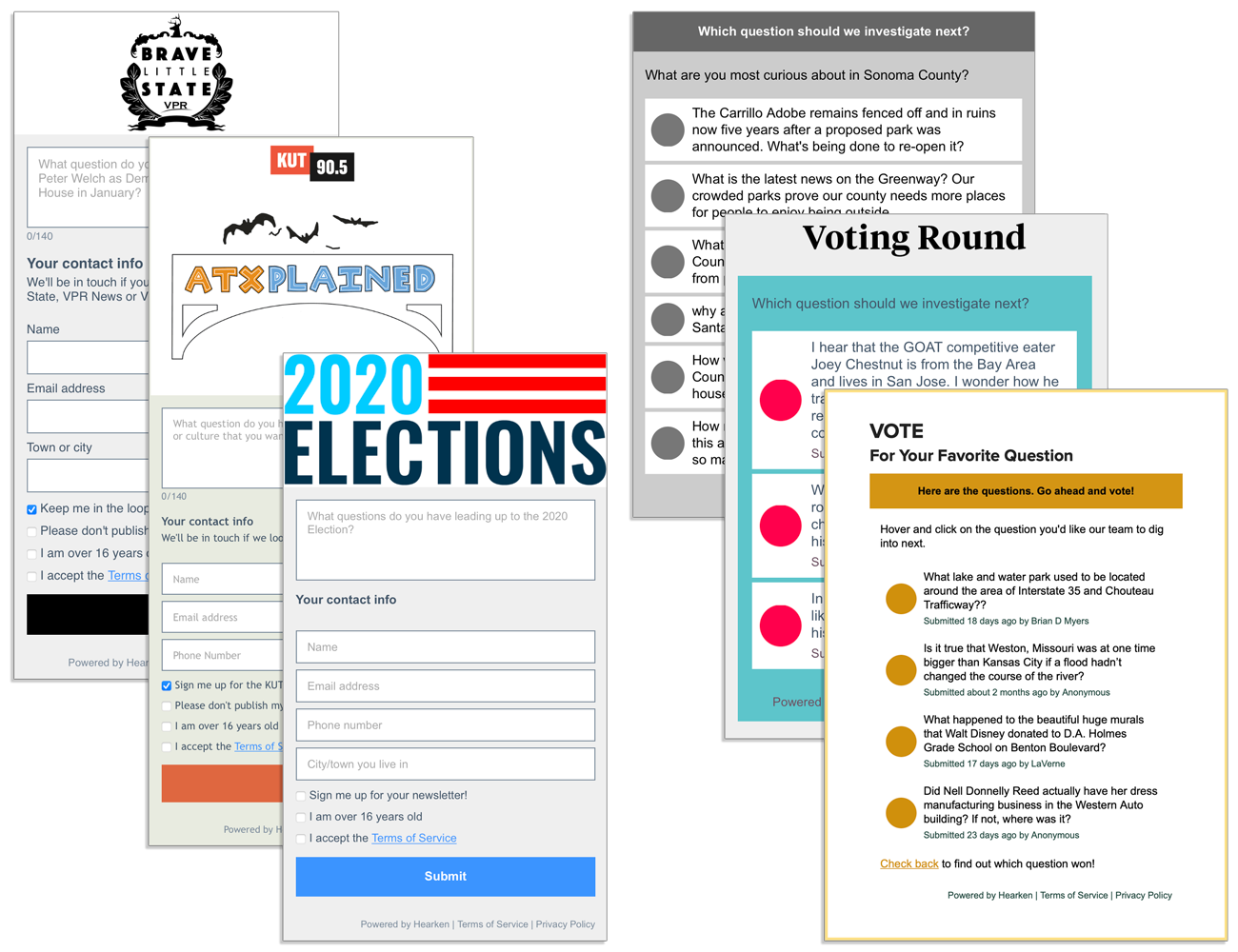A collage of interactive online forms and voting interfaces from various media outlets asking users to submit or vote on questions related to local news and elections.