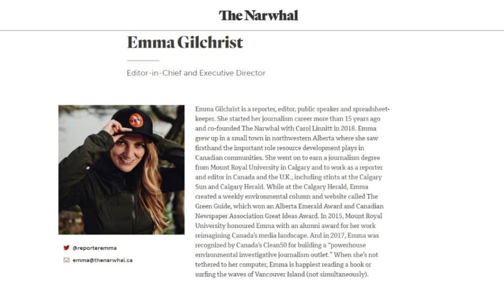 Company swag example. Editor-in-chief and Executive Director from The Narwhal is wearing a cap with custom branded logo