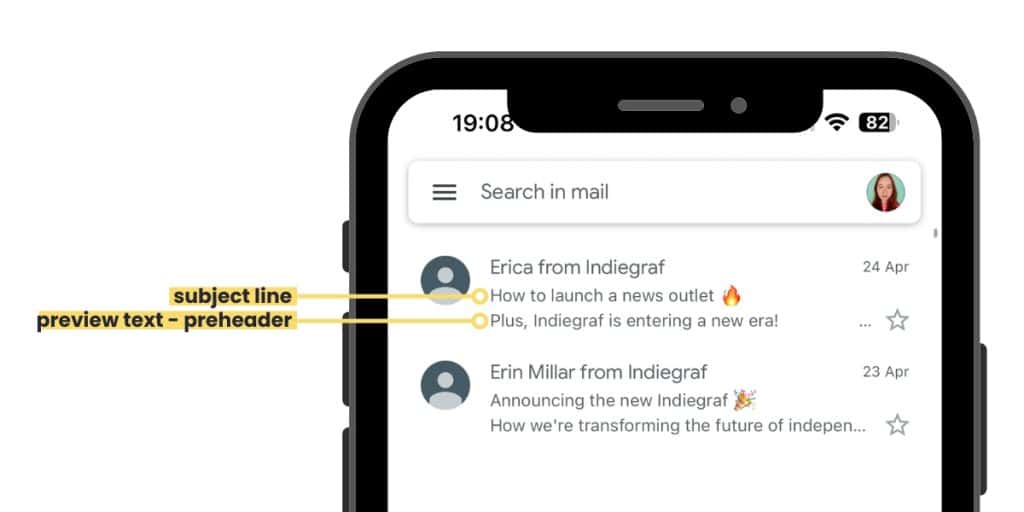 Example subject line and preview text or preheader in email newsletters