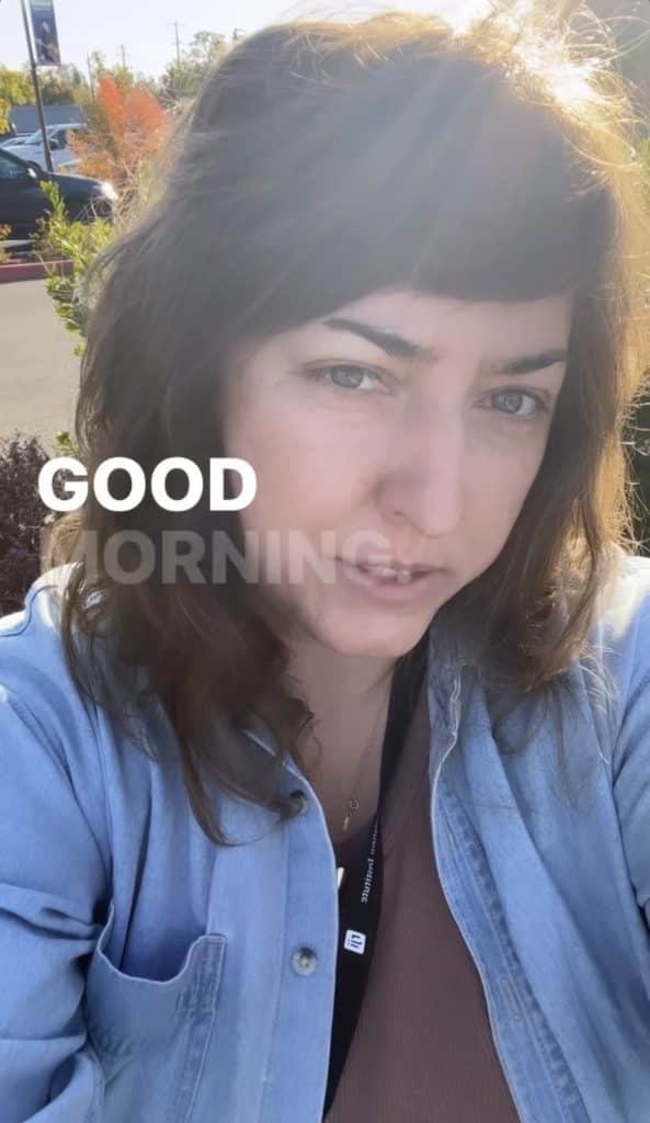 A screenshot of an Instagram story. A woman is looking at the camera and the words "Good Morning" appear on image. reporting shasta county elections.