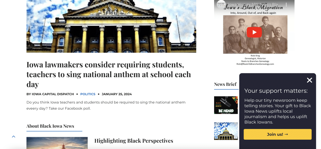 Black Iowa News’ website uses a pop-up to direct visitors to the support page.