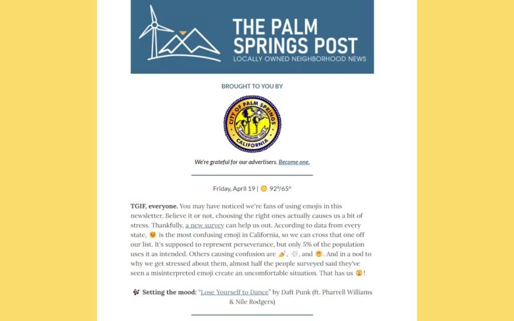 newsletter design best practices example from The Palm Springs Post on how to include something fun