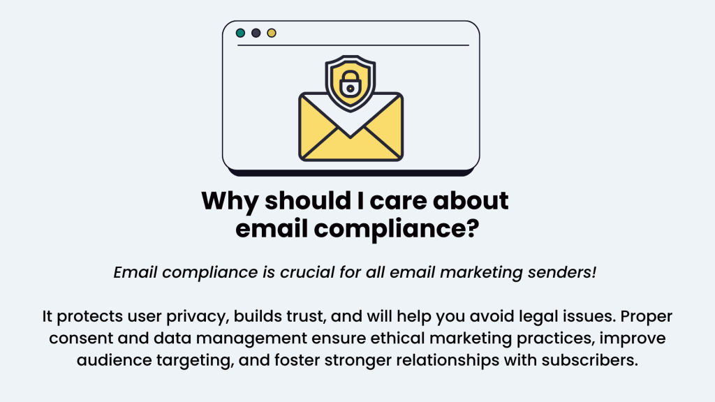 A graphic displays an envelope with a lock icon, signifying email security. Text reads: "Why should I care about email compliance?" Below, a paragraph explains the importance of email compliance for privacy and legal reasons.