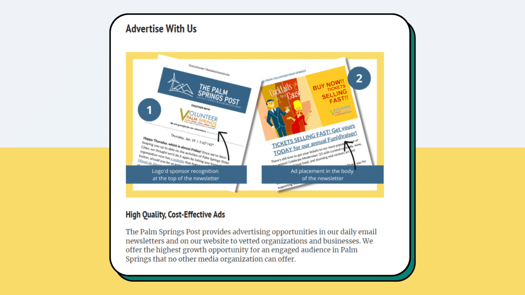Palm Springs Post ad revenue landing page where they offer high quality and cost-effective ads