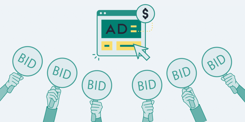 Illustration of multiple hands holding "BID" signs beneath an online ad with a cursor and dollar symbol, depicting a programmatic advertising auction.