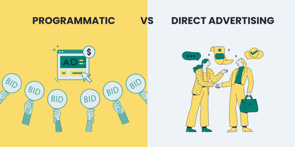  Illustration contrasting programmatic advertising, with hands holding bid signs, and direct advertising, with two people shaking hands and discussing terms. The scene emphasizes the importance of knowing your audience to effectively choose between automated bids or directs ads.