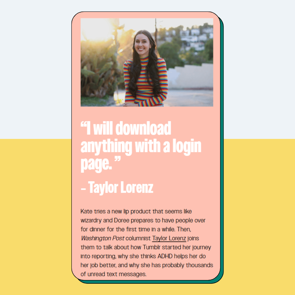 Taylor Lorenz outdoors above a panel with a quote and description on a pink background. She mentions her ADHD and how it helps her do her job better just like other journalists with disabilities