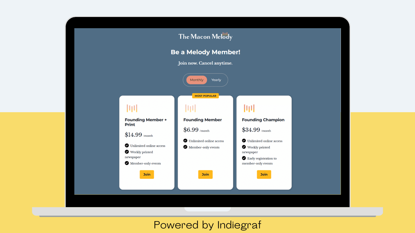 The Macon Melody’s subscription page hosted by Indiegraf.
