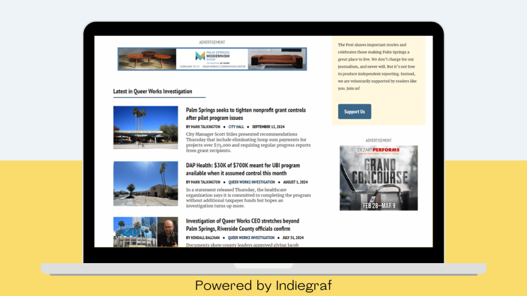 A laptop screen displaying a news website powered by Indiegraf. The webpage features a section titled "Latest in Queer Works Investigation" with article headlines, images, and summaries. Advertisements appear at the top and right side of the page