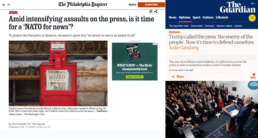 A split-screen image of two news articles discussing threats to press freedom. The left side features an article from The Philadelphia Inquirer with the headline: "Amid intensifying assaults on the press, is it time for a ‘NATO for news’?" and an image of a red newspaper vending machine with a sign reading "SEIZED" inside it. The right side shows an article from The Guardian titled: "Trump called the press ‘the enemy of the people’. Now it’s time to defend ourselves," with a photograph of Donald Trump speaking to a crowded room.
