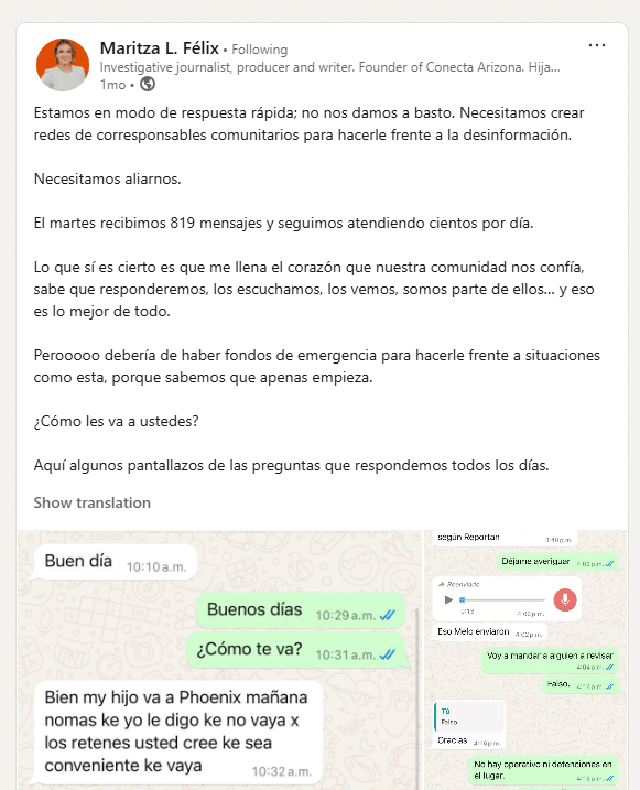 LinkedIn post by Maritza L. Félix discussing rapid response efforts against misinformation, community support, and emergency funding. Includes screenshots of WhatsApp conversations.