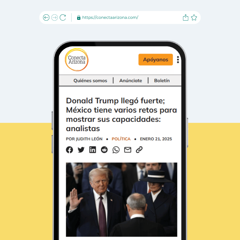 A smartphone displaying the Conecta Arizona news website with an article headline about Donald Trump and Mexico's challenges. The article covers politics and immigration news.