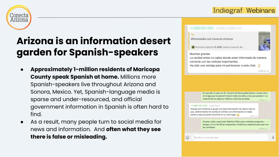 Slide highlighting COVID misinformation among Spanish-speakers in Arizona, with WhatsApp screenshots of early-pandemic conversations between Conecta Arizona and the community.