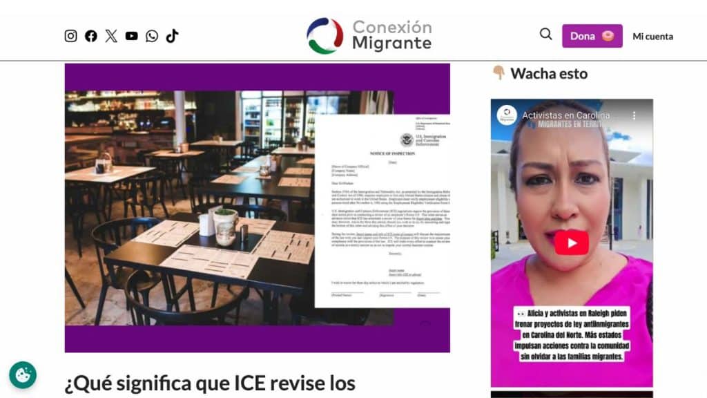 Screenshot of Conexión Migrante’s homepage featuring a video embed titled “Activistas en Carolina del Norte” with a woman speaking out against anti-immigrant bills. The section, labeled “Wacha esto,” showcases the video player as an example of how embedded video content can boost user engagement and time spent on site.