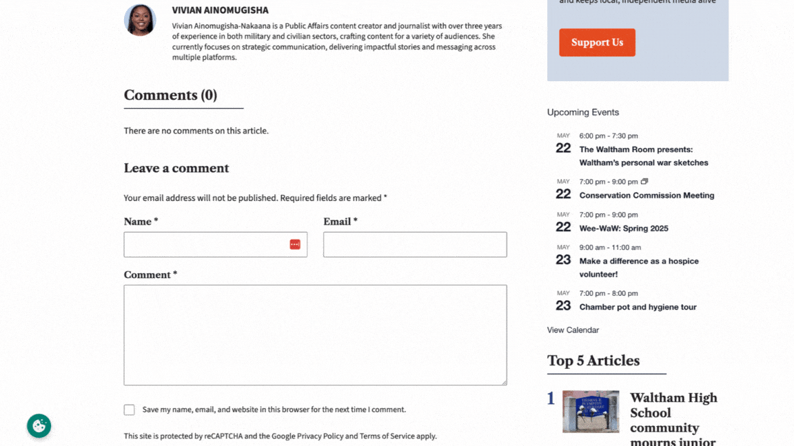 Screenshot of the Waltham Times article comment section showing a form for readers to leave a comment with fields for name, email, and comment — a feature designed to increase engagement and foster community interaction.