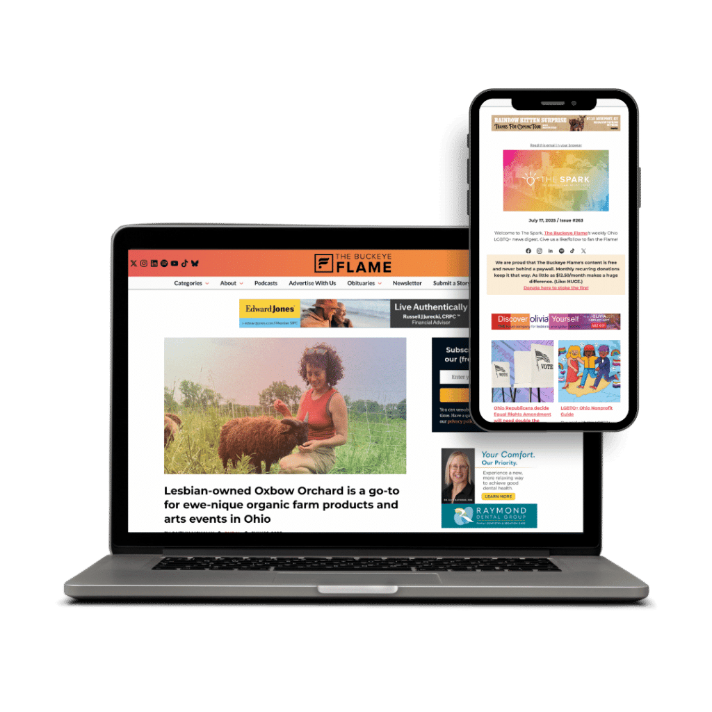Screenshot showing a desktop and mobile view of The Buckeye Flame website and newsletter, highlighting independent news content. This example represents Substack alternatives powered by Indiegraf, offering community-driven publishing tools for independent publishers.