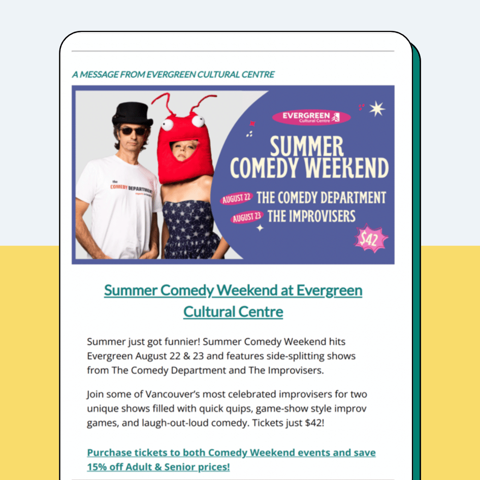Tri-Cities Dispatch newsletter ad from Evergreen Cultural Centre promoting Summer Comedy Weekend