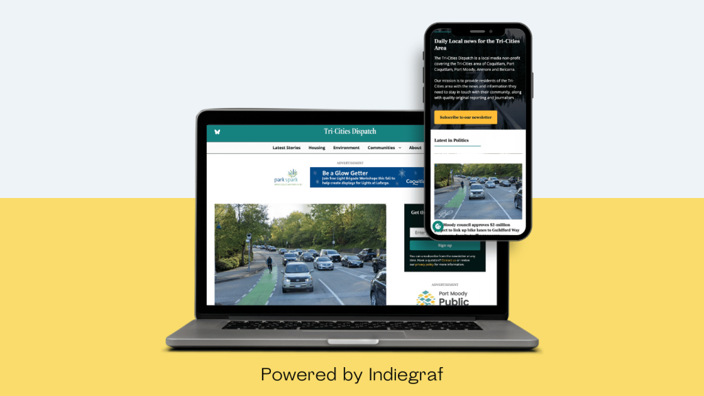 Tri-Cities Dispatch website shown on a laptop and smartphone with the text 'Powered by Indiegraf' below.