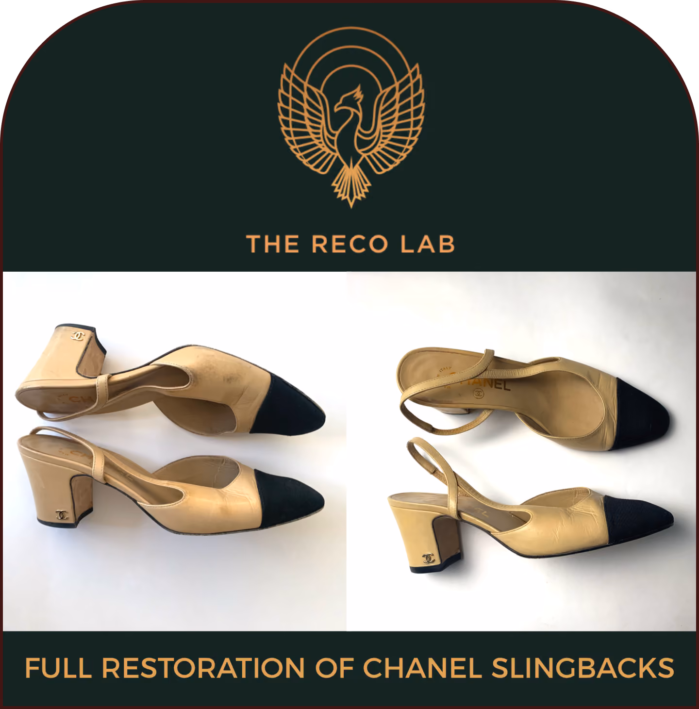 Chanel two-tone beige and black cap-toe slingback heels shown scuffed before and fully restored after by The Reco Lab.