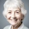 Smiling elderly woman with short white hair wearing a white shirt against a gray background.
