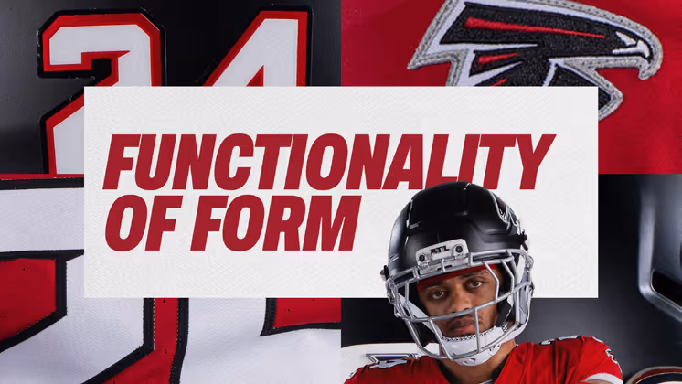 Collage of Atlanta Falcons football gear with text 'Functionality of Form' and player in helmet and red jersey.