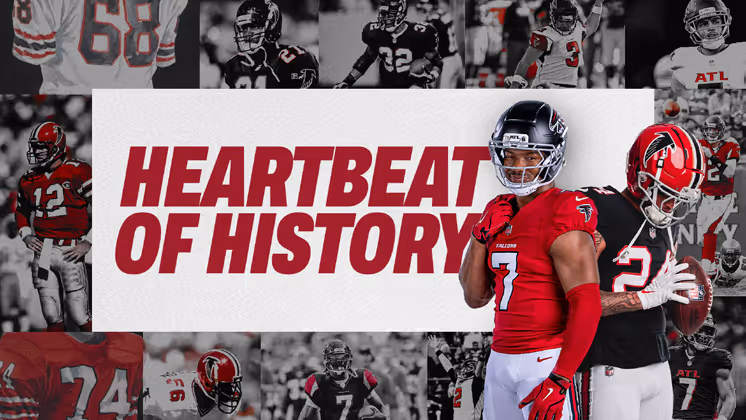 Atlanta Falcons football players in red and black uniforms with the phrase 'Heartbeat of History' in bold red letters at center.
