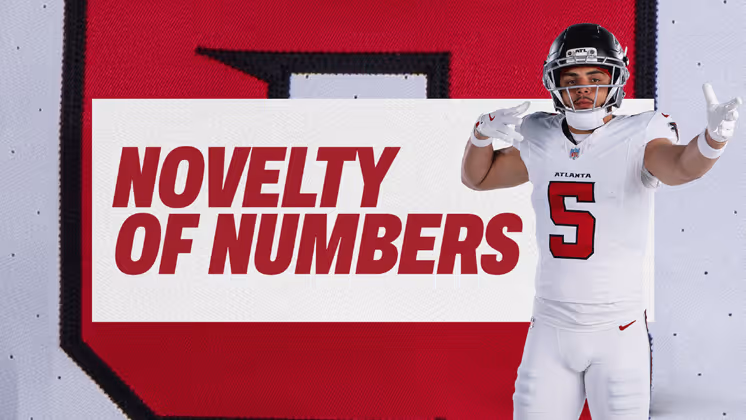 Football player wearing white Atlanta jersey number 5 poses next to text reading 'NOVELTY OF NUMBERS' on red and white background.