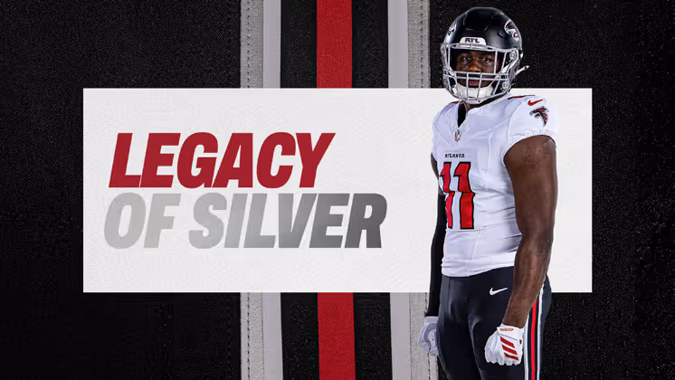 Atlanta Falcons football player in white jersey and black helmet standing next to text reading 'LEGACY OF SILVER' on a textured background with vertical stripes in black, silver, and red.