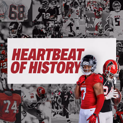 Collage of Atlanta Falcons football players with bold text 'HEARTBEAT OF HISTORY' in the center, featuring a player in a red jersey number 7 in forefront.