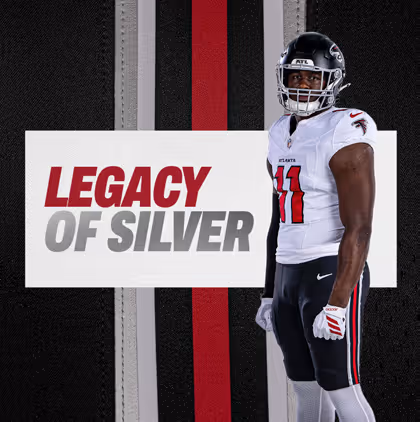American football player in Atlanta Falcons uniform standing next to text reading 'Legacy of Silver' with a black, gray, and red striped background.