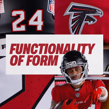 Collage featuring an Atlanta Falcons football player in red uniform and helmet, the Falcons logo, and the number 24, with text 'Functionality of Form'.