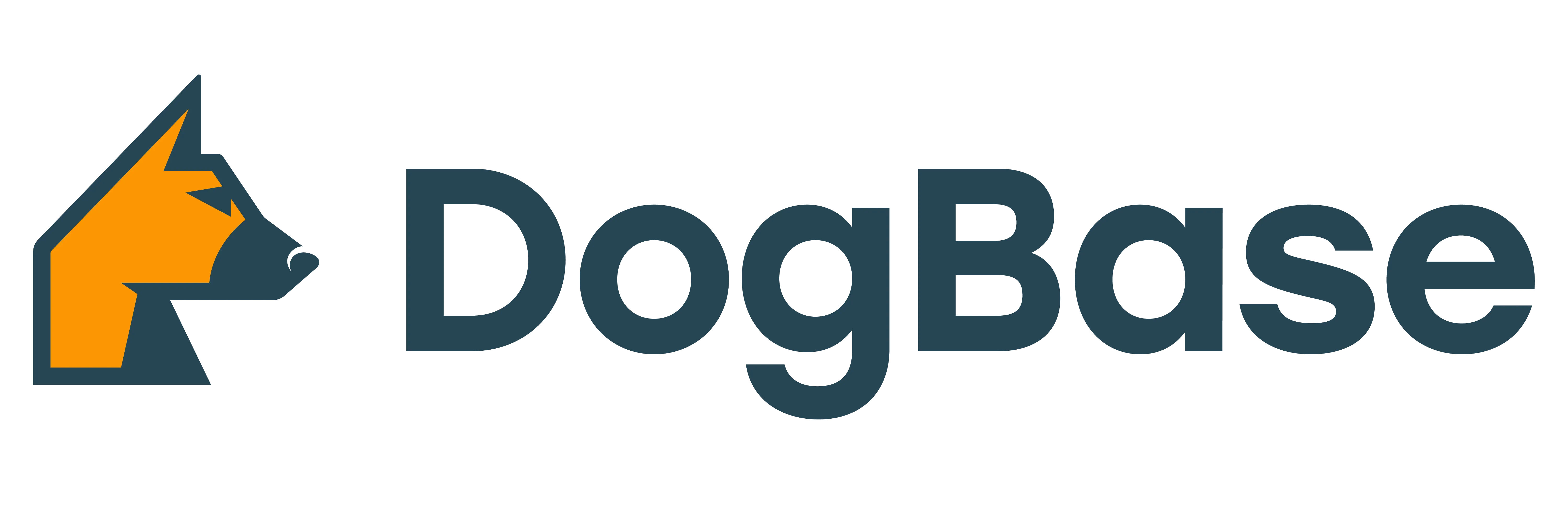 DogBase logo featuring an orange and dark blue geometric dog head next to the word DogBase in dark blue text.