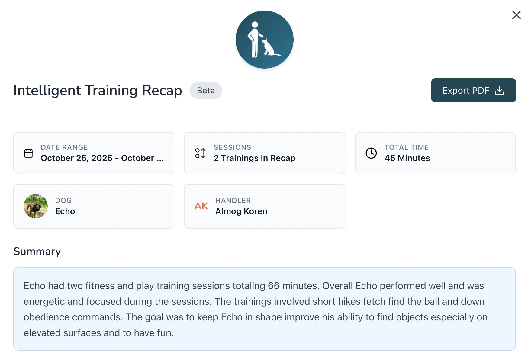 Intelligent Training Recap showing Echo the dog's training summary by handler Almog Koren, covering 2 sessions on October 25, 2025, with details about fitness, play, obedience commands, and performance.