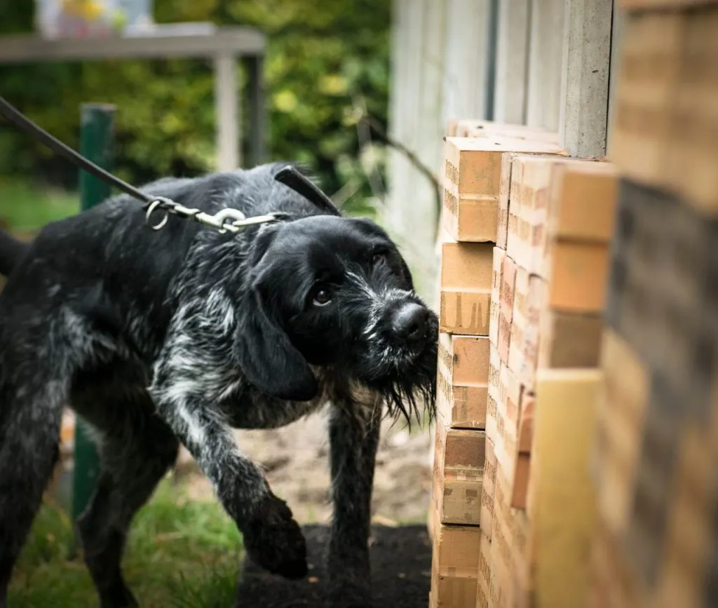 Black and gray dog on a leash sniffing stacked bricks outside.