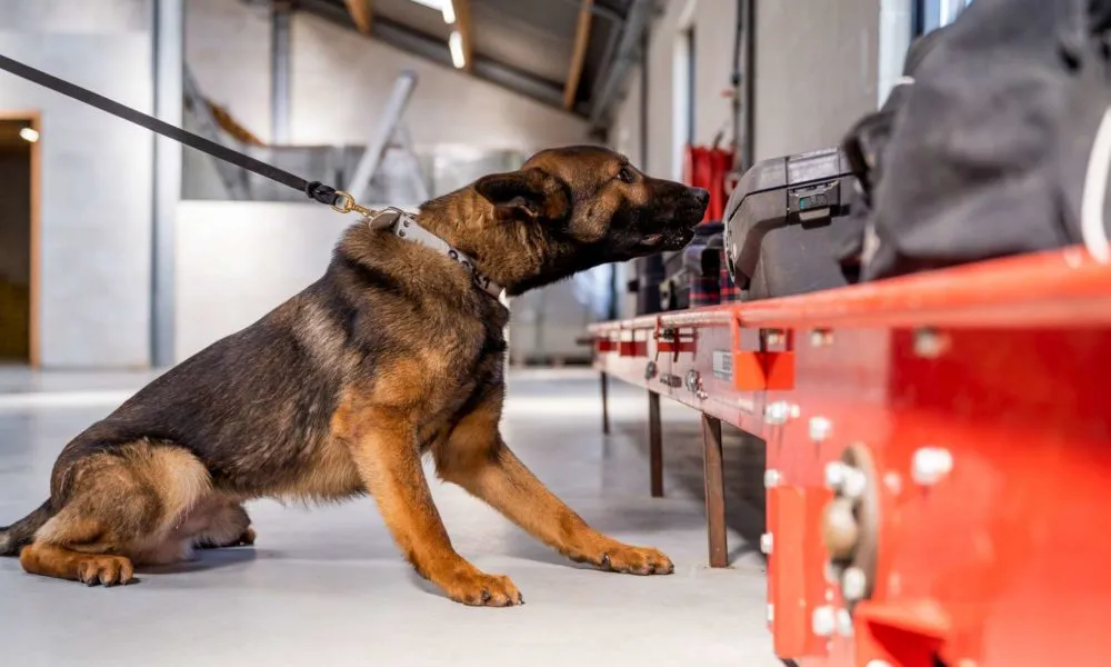 German Shepherd dog on a leash sniffing a black suitcase on a red bench inside a building.