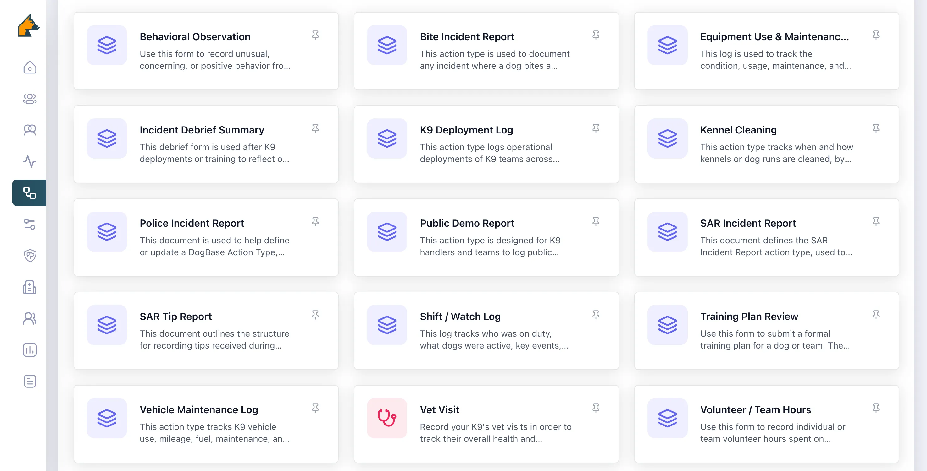 Dashboard interface showing multiple K9-related report and log options including Behavioral Observation, Bite Incident Report, K9 Deployment Log, Vet Visit, and Volunteer/Team Hours.