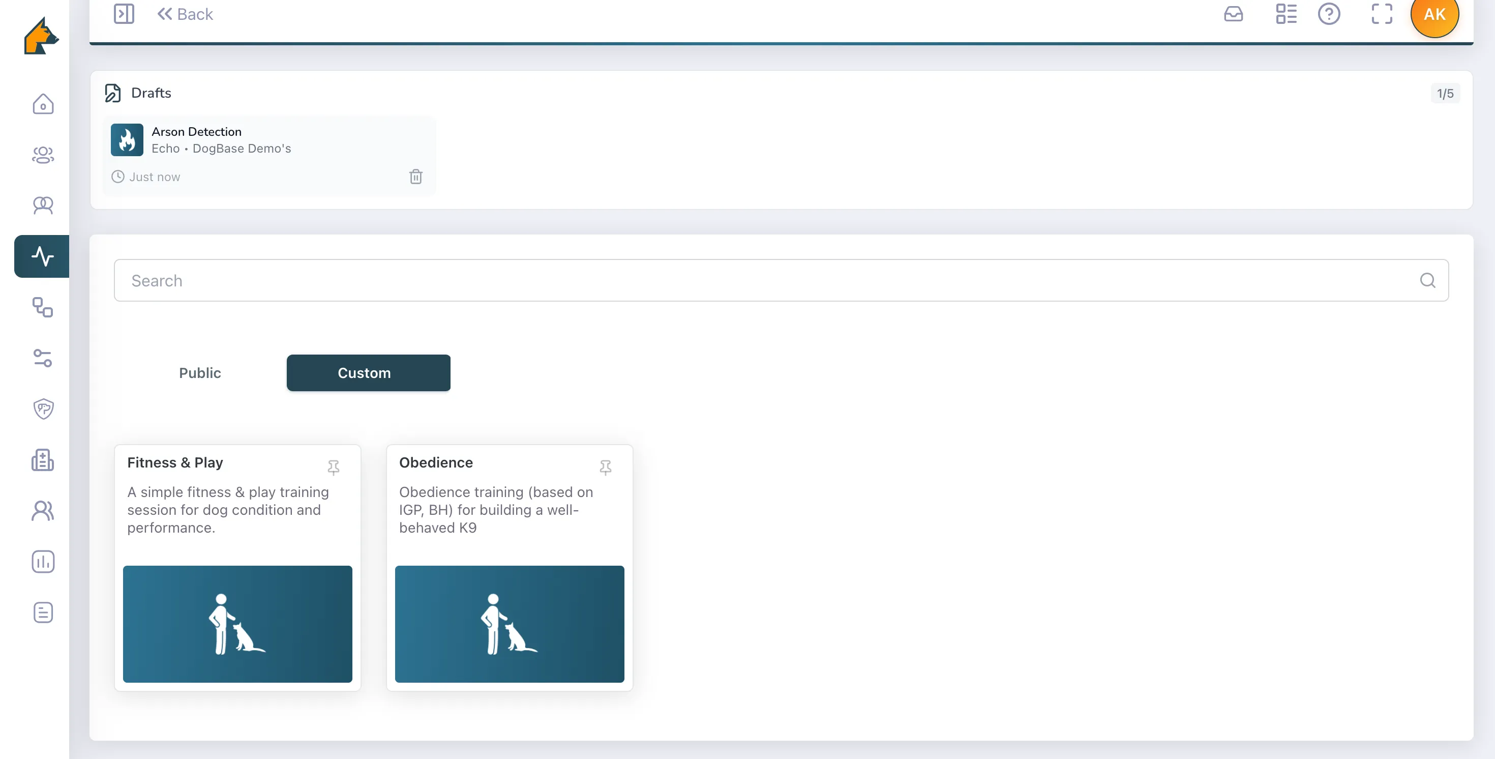 Dashboard view showing drafts and custom training plans for dogs, including Fitness & Play and Obedience options with icons of a person and dog.