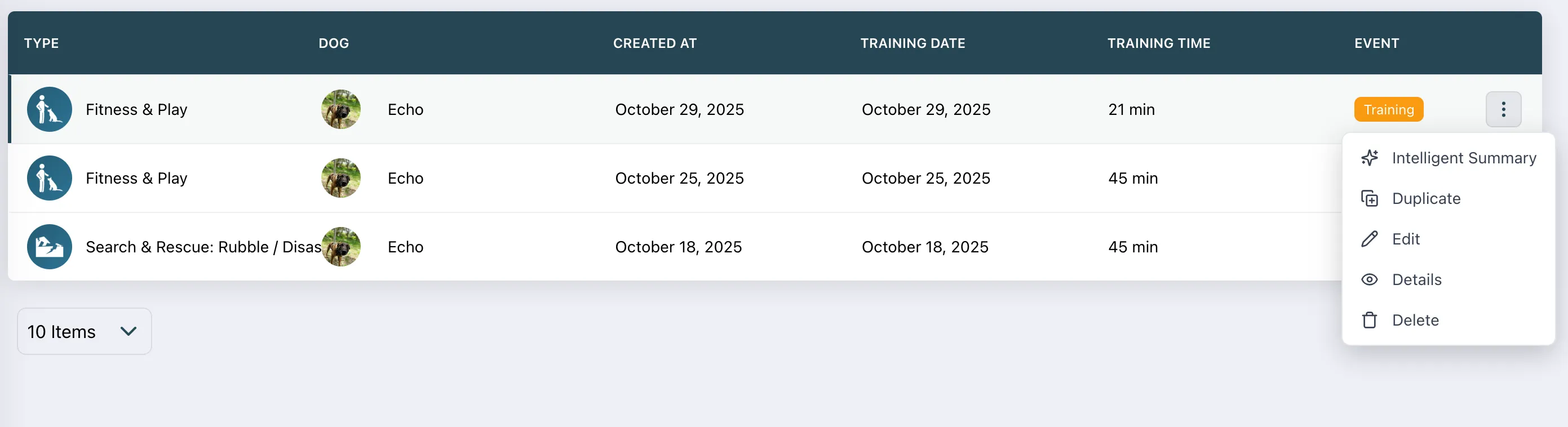 Table listing dog training sessions for dog Echo including types Fitness & Play and Search & Rescue, with creation dates, training dates, times, and an open menu with options like Intelligent Summary, Duplicate, Edit, Details, and Delete.