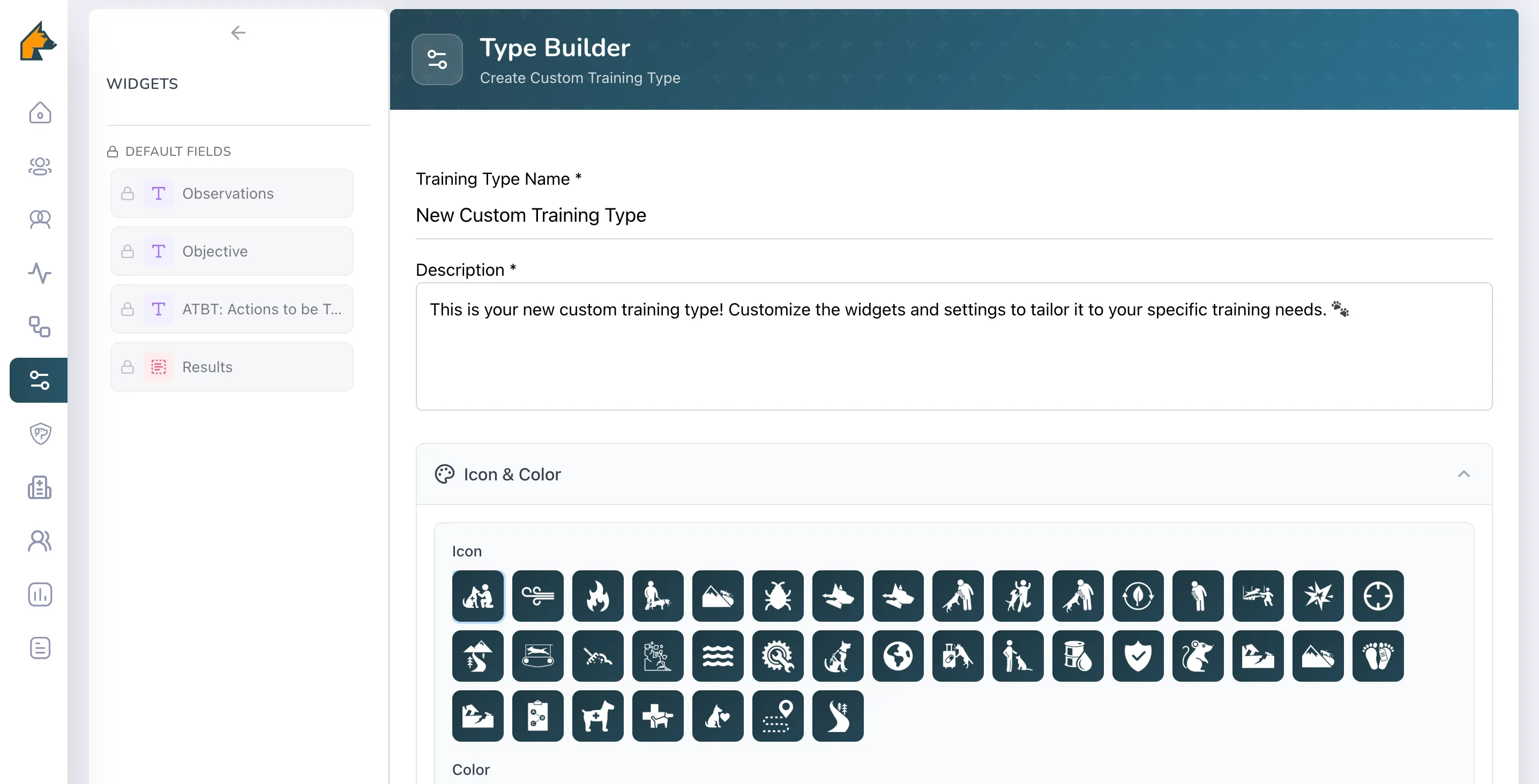 User interface of a Type Builder tool showing a custom training type named 'New Custom Training Type' with a description and a selection grid of various icons for customization.