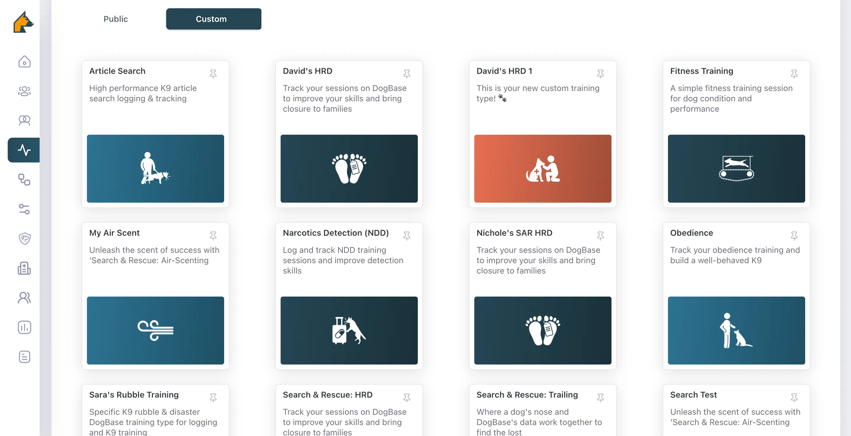 Dashboard interface showing custom training options for dogs including Article Search, HRD tracking, Fitness Training, Air Scent, Narcotics Detection, SAR HRD, Obedience, Rubble Training, and Search & Rescue.