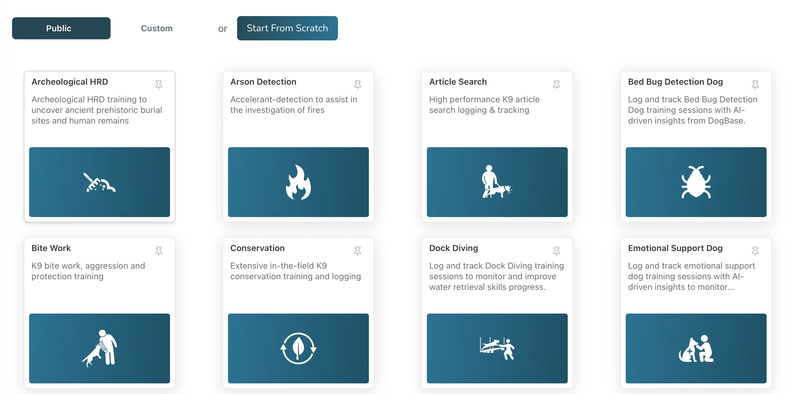 User interface showing training program options including Archeological HRD, Arson Detection, Article Search, Bed Bug Detection Dog, Bite Work, Conservation, Dock Diving, and Emotional Support Dog with related icons.