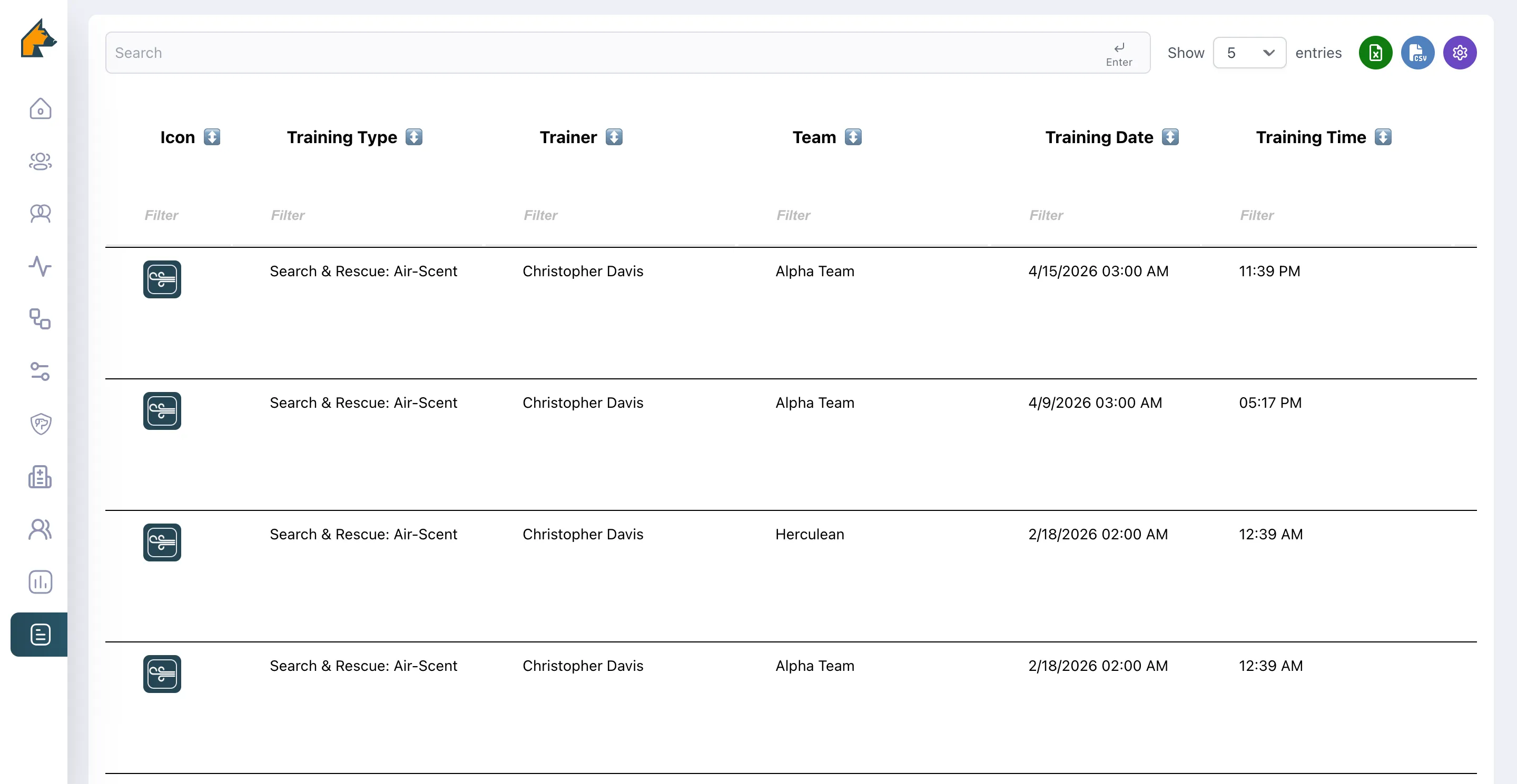 Table listing Search & Rescue: Air-Scent training sessions with columns for icon, training type, trainer, team, training date, and training time, showing entries for Christopher Davis and teams Alpha Team and Herculean.