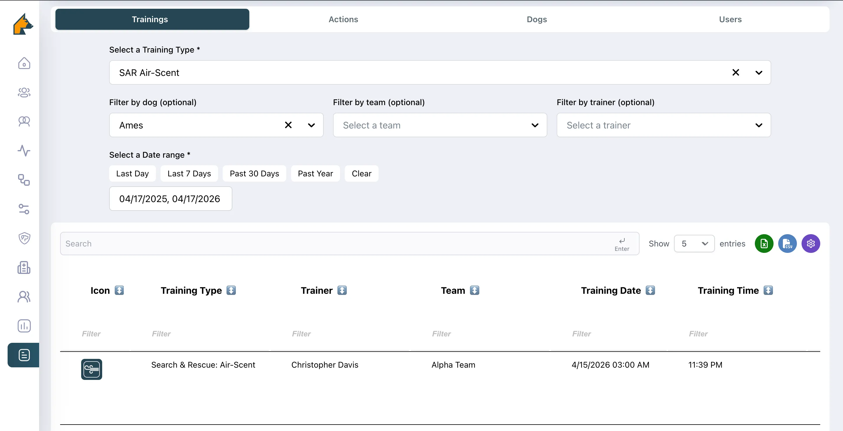 User interface showing a training filter for SAR Air-Scent with dog Ames selected and a date range from 04/17/2025 to 04/17/2026, displaying one training record for Search & Rescue: Air-Scent by Christopher Davis from Alpha Team on 4/15/2026 at 3:00 AM with training time 11:39 PM.