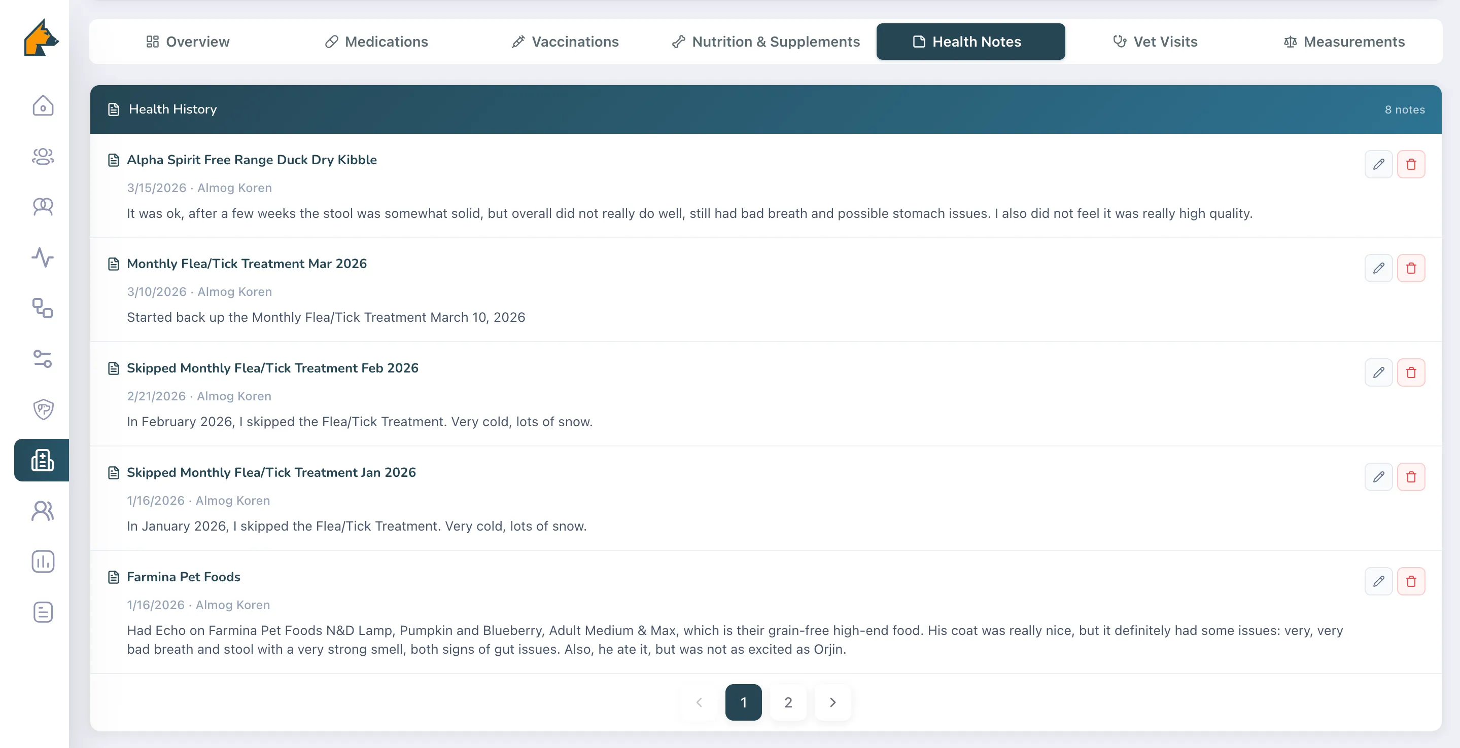 Pet health notes listing treatments and food experiences from January to March 2026, including flea/tick treatments and diet feedback.