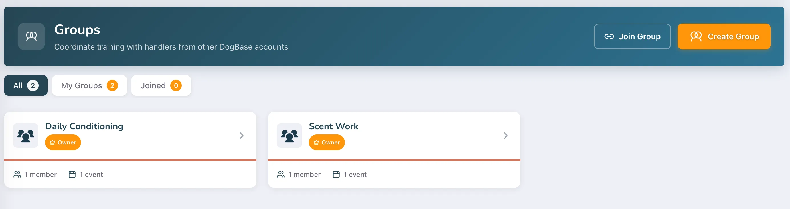 Groups page interface with options to join or create groups, showing two groups named Daily Conditioning and Scent Work, each with 1 member and 1 event, both owned by the user.