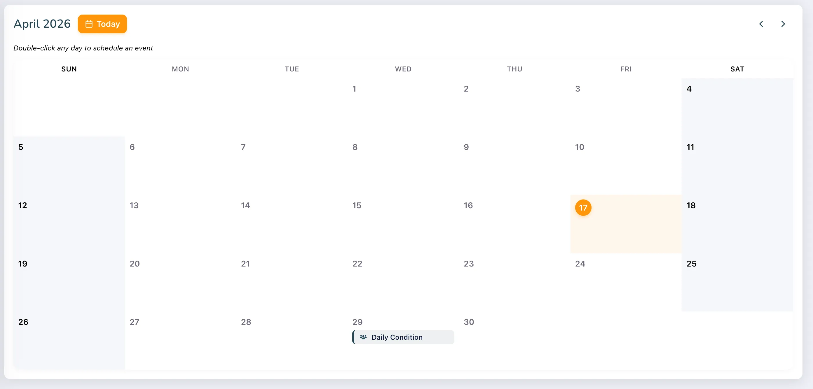 Calendar view of April 2026 with the 17th highlighted and an event labeled Daily Condition on the 29th.