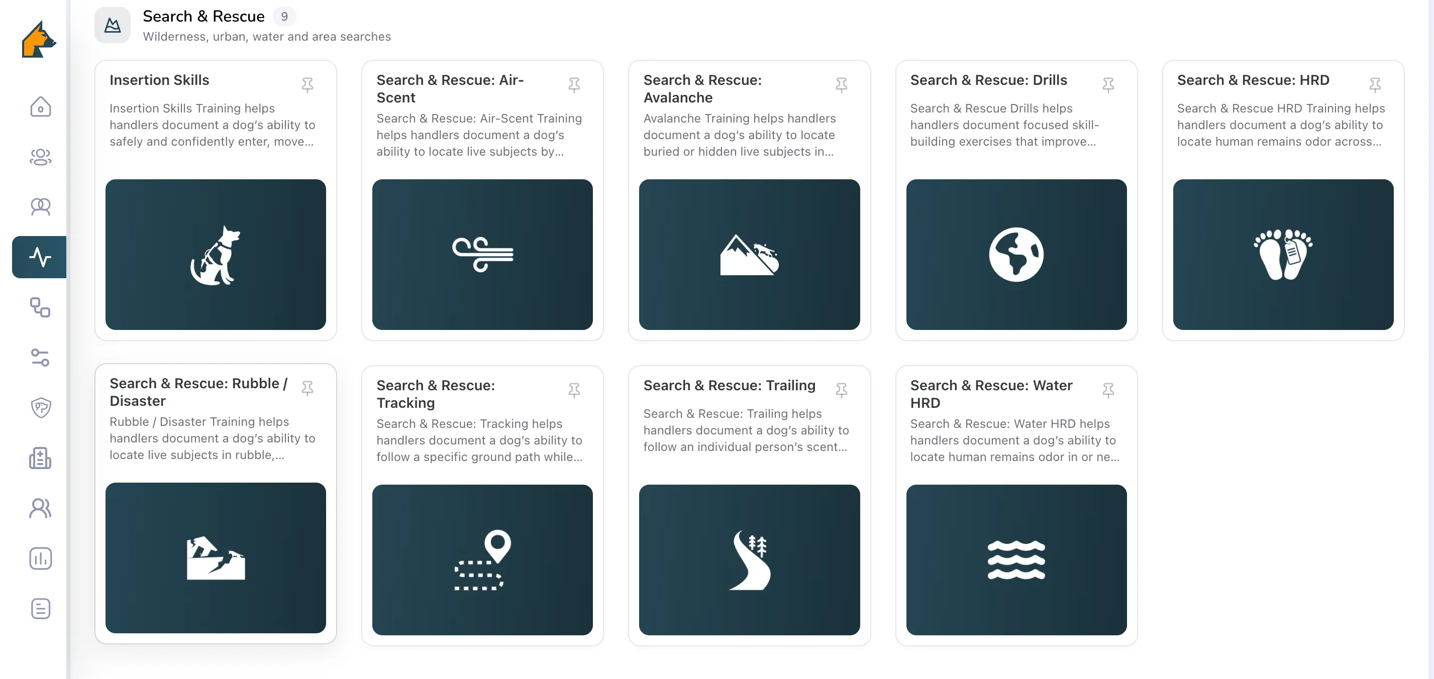 User interface showing nine Search & Rescue training modules with icons including a dog, wind, avalanche, globe, footprints, rubble, map with location pin, trail path, and water waves.